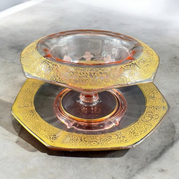 1930s Tiffin Franciscan Pink Depression Gold Edging Rambler Rose Dish Bowl Plate - Picture 1 of 14